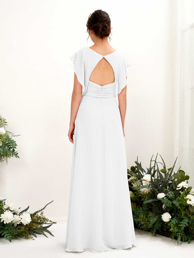 Carlyna Annie A-Line White Bridesmaid Dress Maxi Cap Sleeve V-Neck Dress Back View #color_white