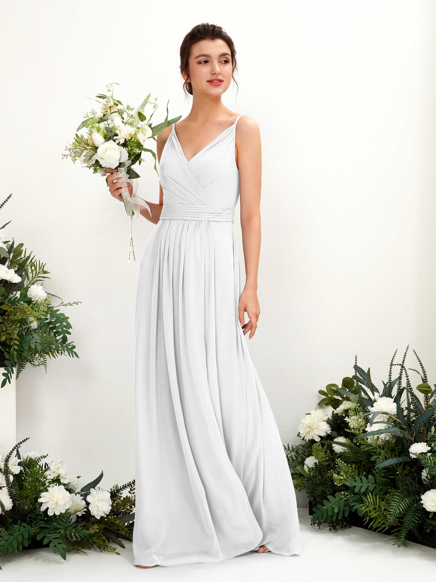 Spaghetti-straps V-neck Sleeveless Bridesmaid Dress - White (81223942)#color_white
