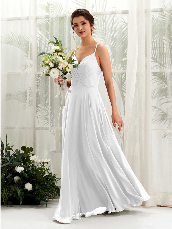 Spaghetti-straps V-neck Sleeveless Bridesmaid Dress - White (81224242)