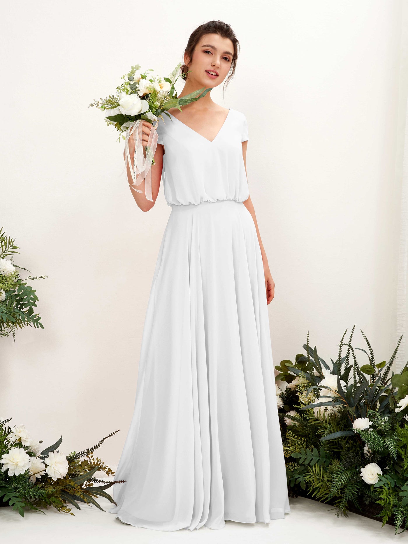 V-neck Cap Sleeves Chiffon Bridesmaid Dress - White (81221842)#color_white