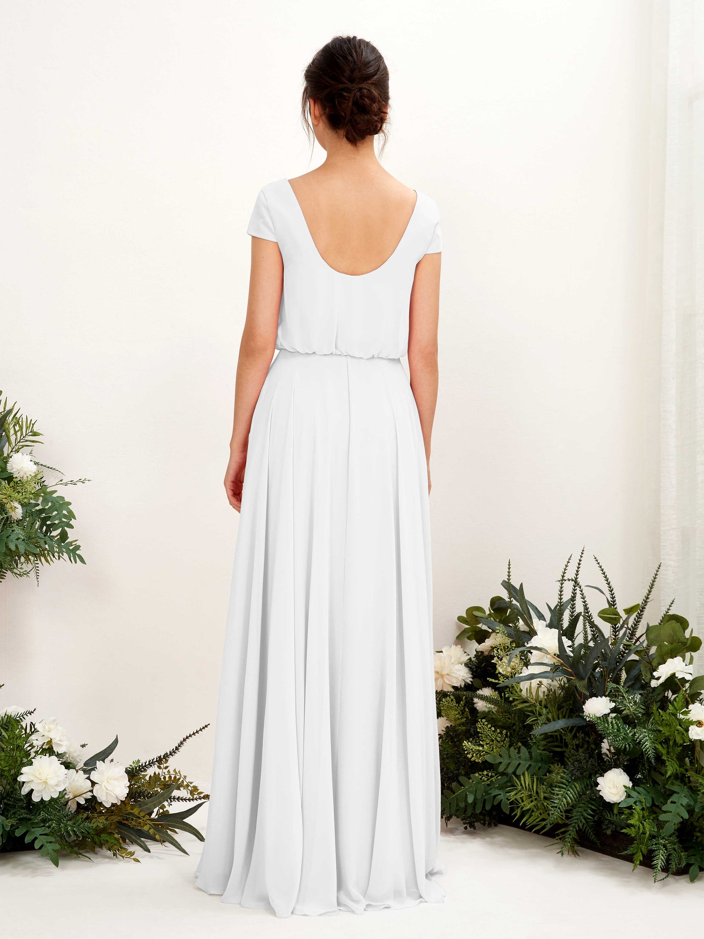 V-neck Cap Sleeves Chiffon Bridesmaid Dress - White (81221842)#color_white
