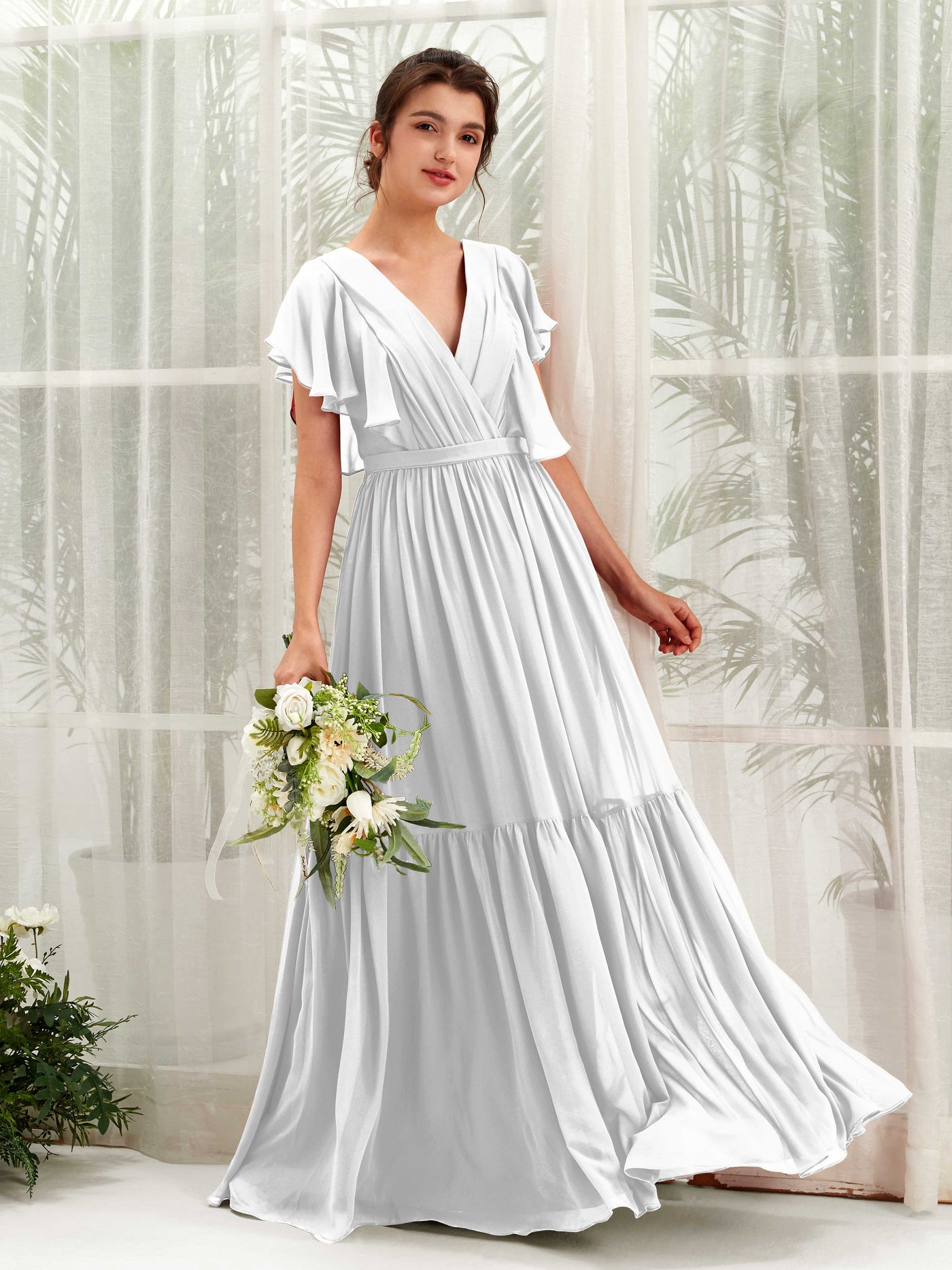 V-neck Cap Sleeves Chiffon Bridesmaid Dress - White (81225942)#color_white