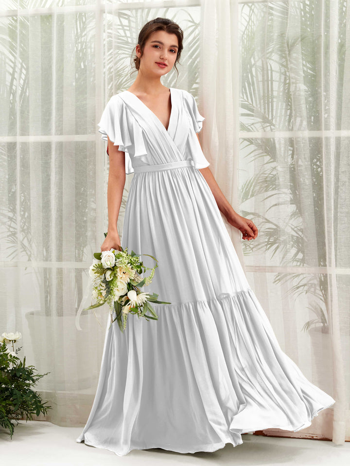 V-neck Cap Sleeves Chiffon Bridesmaid Dress - White (81225942)