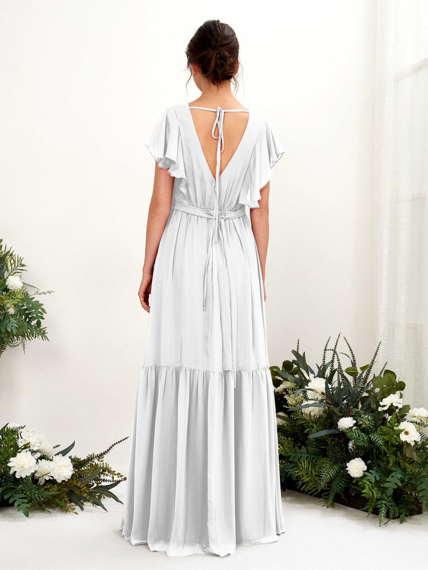 V-neck Cap Sleeves Chiffon Bridesmaid Dress - White (81225942)#color_white