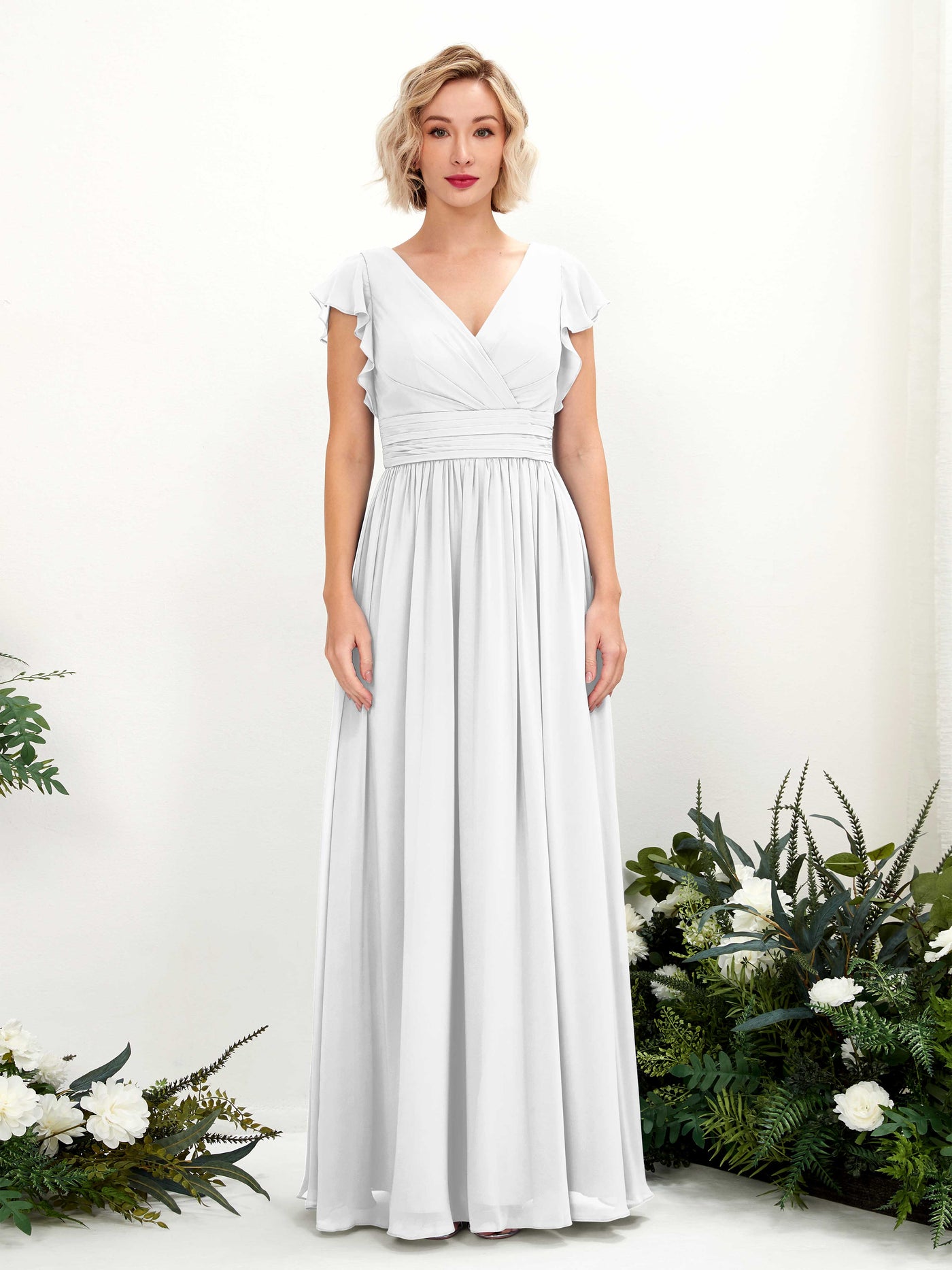 V-neck Short Sleeves Chiffon Bridesmaid Dress - White (81222742)#color_white