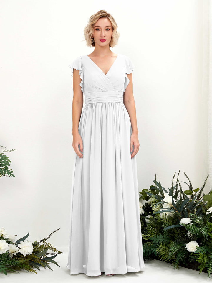 V-neck Short Sleeves Chiffon Bridesmaid Dress - White (81222742)