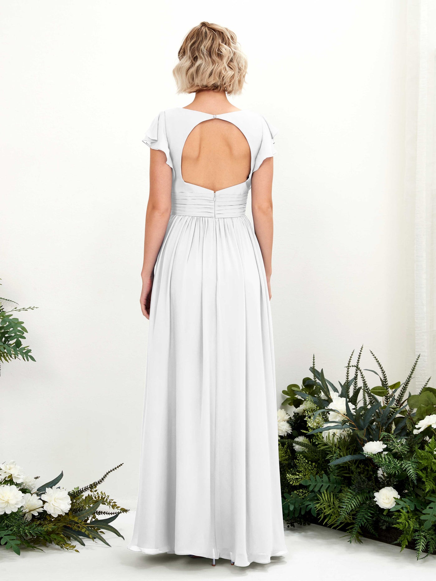 V-neck Short Sleeves Chiffon Bridesmaid Dress - White (81222742)#color_white