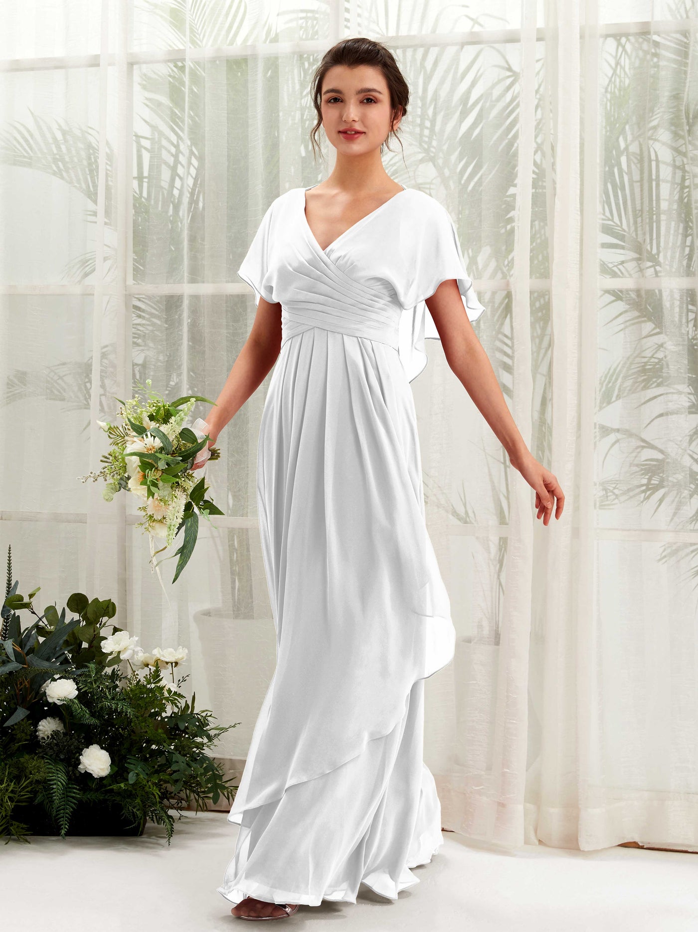 V-neck Short Sleeves Chiffon Bridesmaid Dress - White (81226142)#color_white