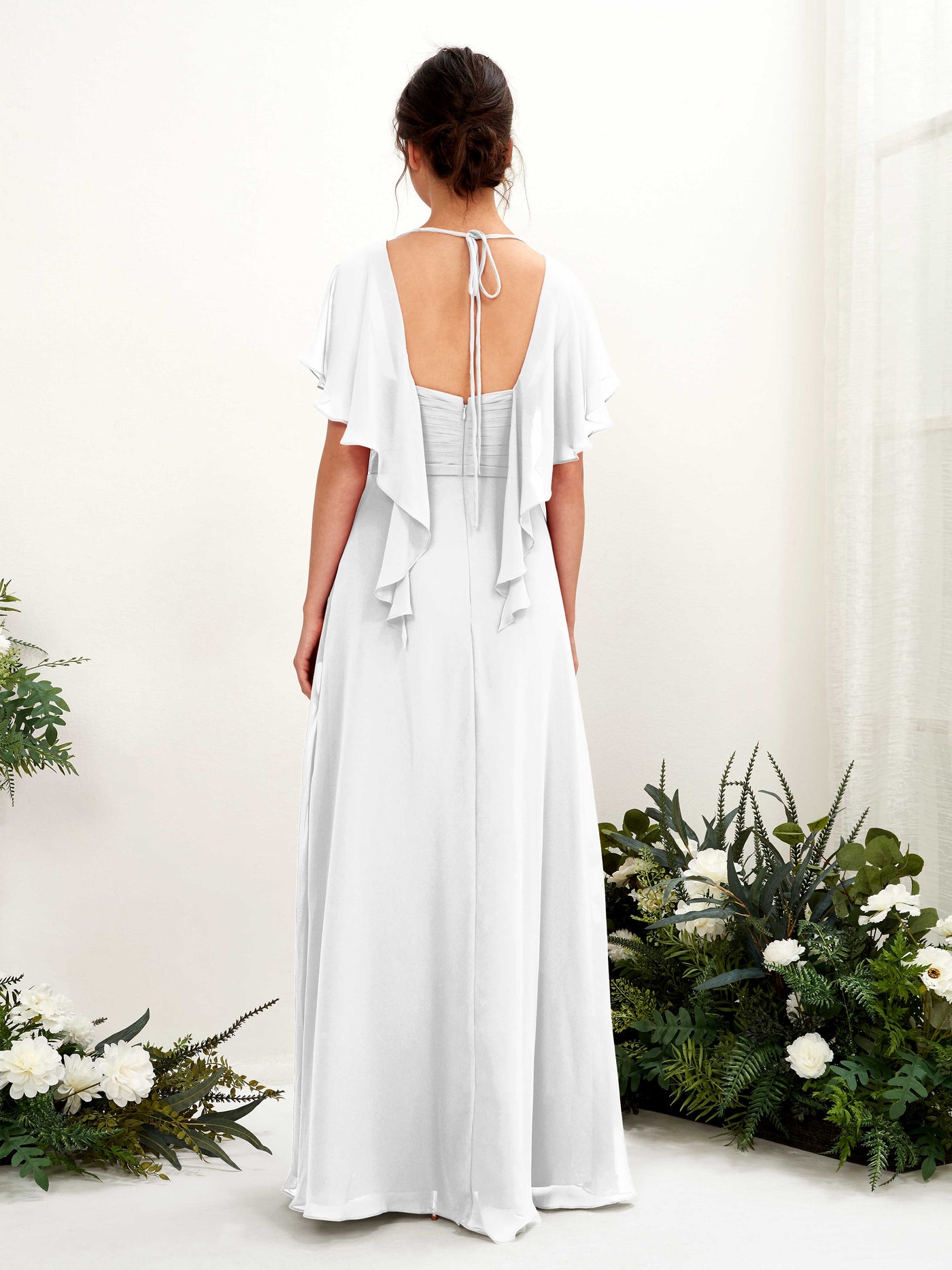 V-neck Short Sleeves Chiffon Bridesmaid Dress - White (81226142)#color_white