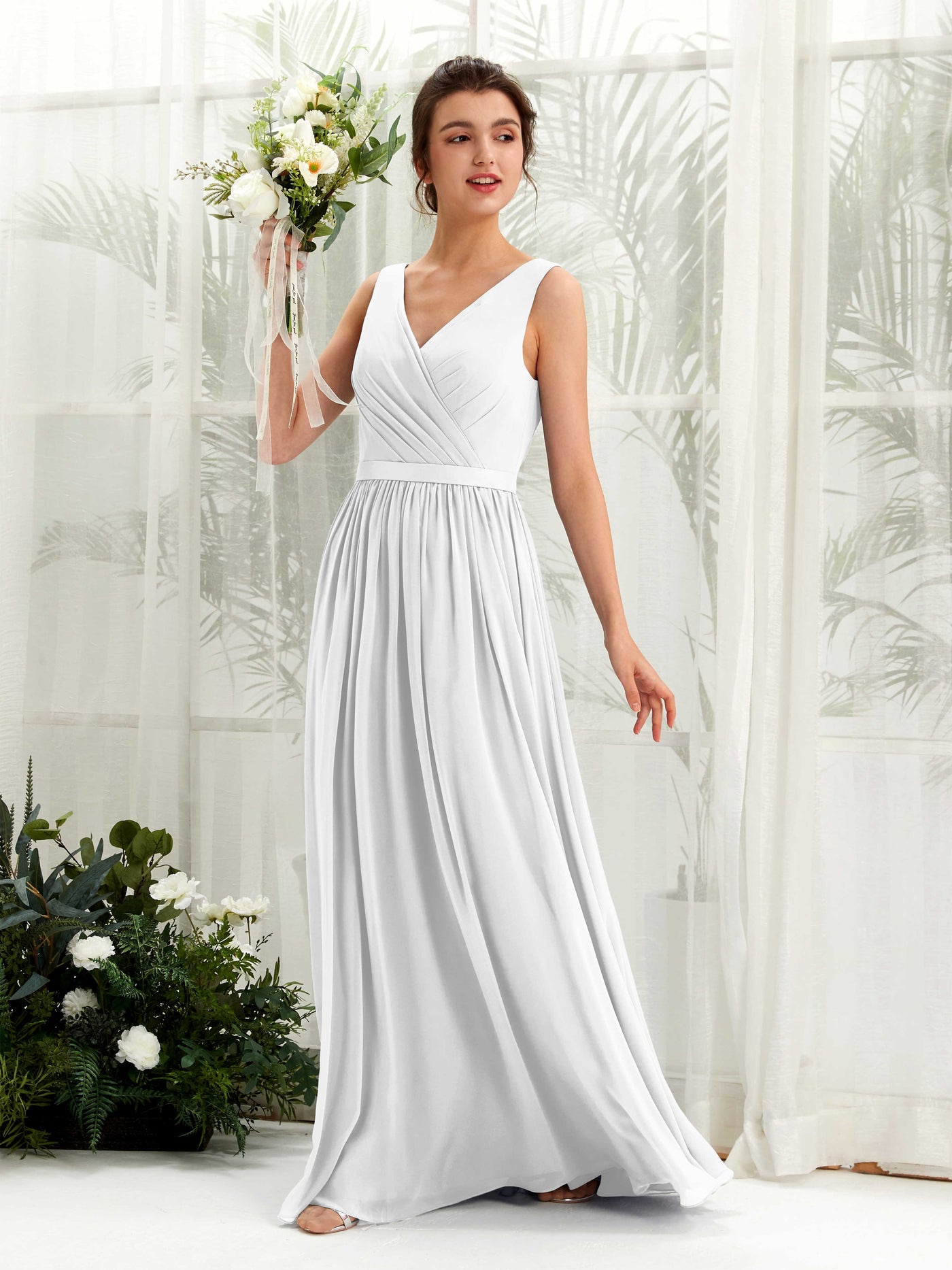 V-neck Sleeveless Chiffon Bridesmaid Dress - White (81223642)#color_white
