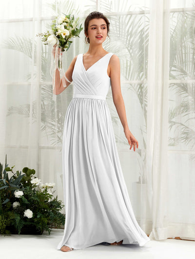 Carlyna Barbara A-Line White Bridesmaid Dress Maxi Sleeveless V-Neck Dress Front View #color_white