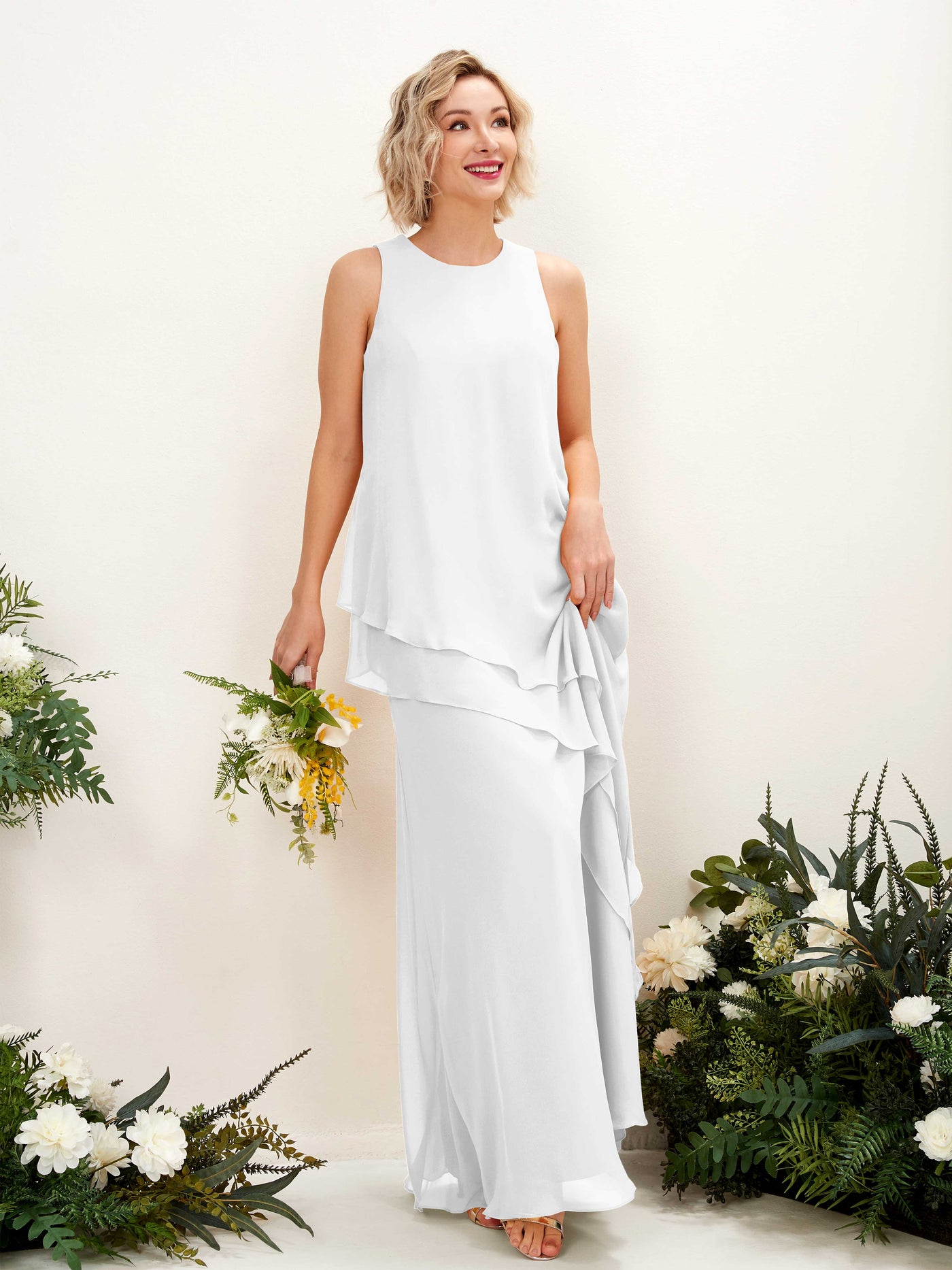Round Sleeveless Chiffon Bridesmaid Dress - White (81222342)#color_white
