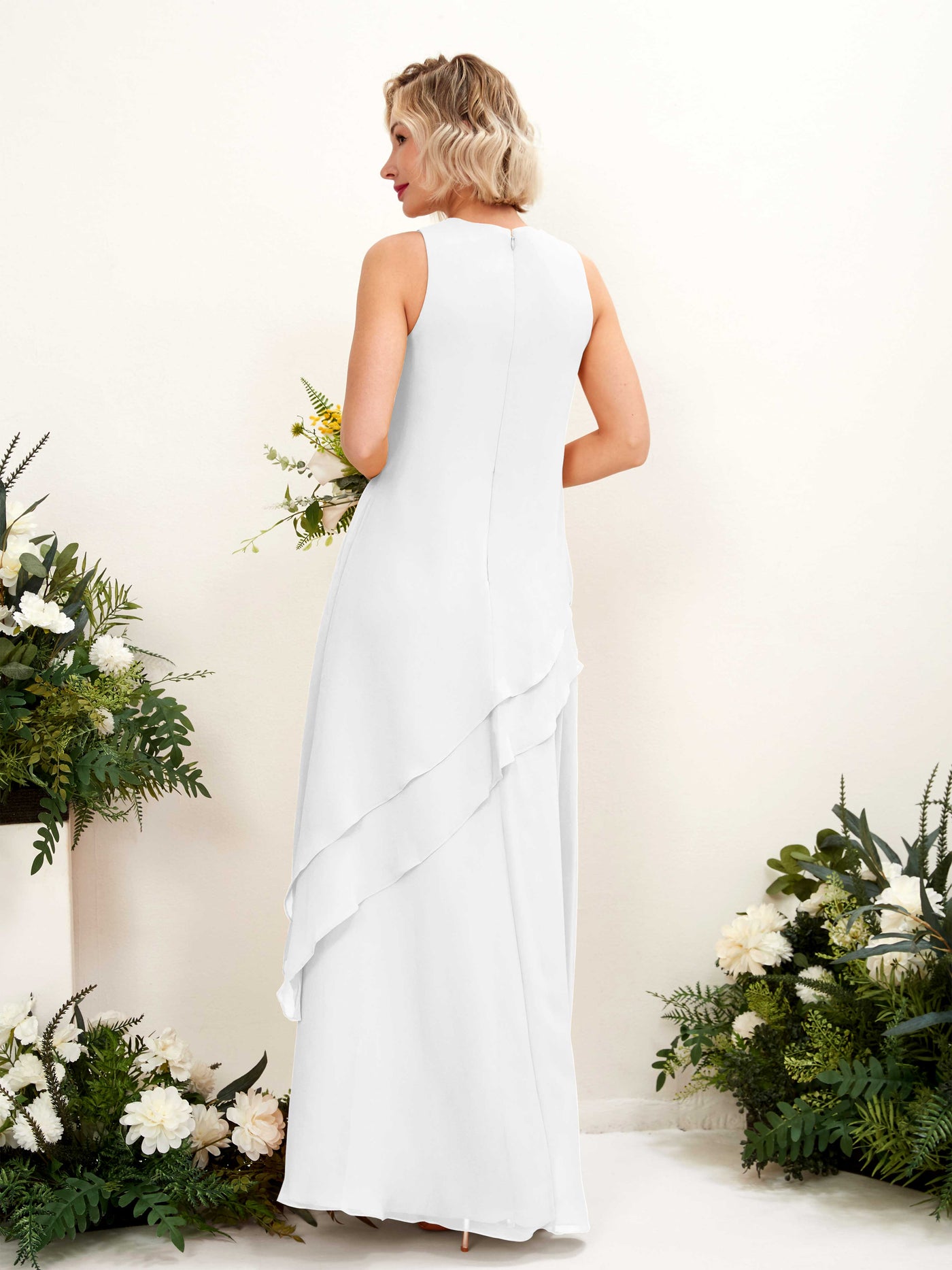 Round Sleeveless Chiffon Bridesmaid Dress - White (81222342)#color_white