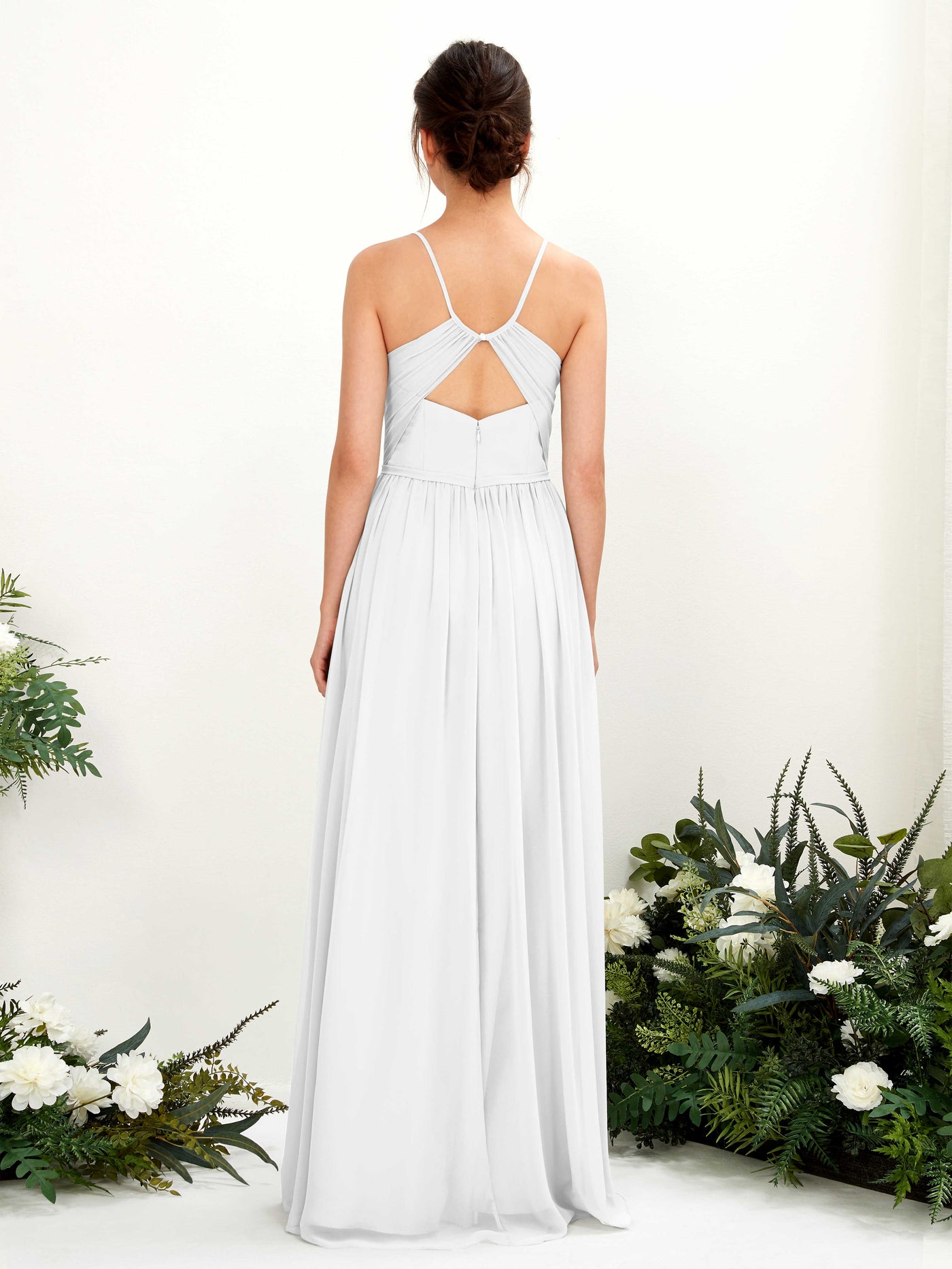 Spaghetti-straps V-neck Chiffon Bridesmaid Dress - White (81221442)#color_white