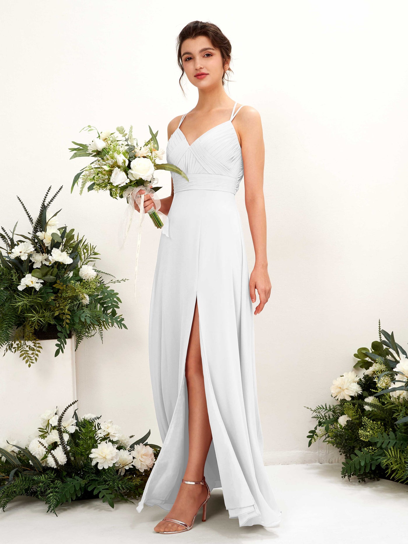 Straps V-neck Sleeveless Chiffon Bridesmaid Dress - White (81225442)#color_white