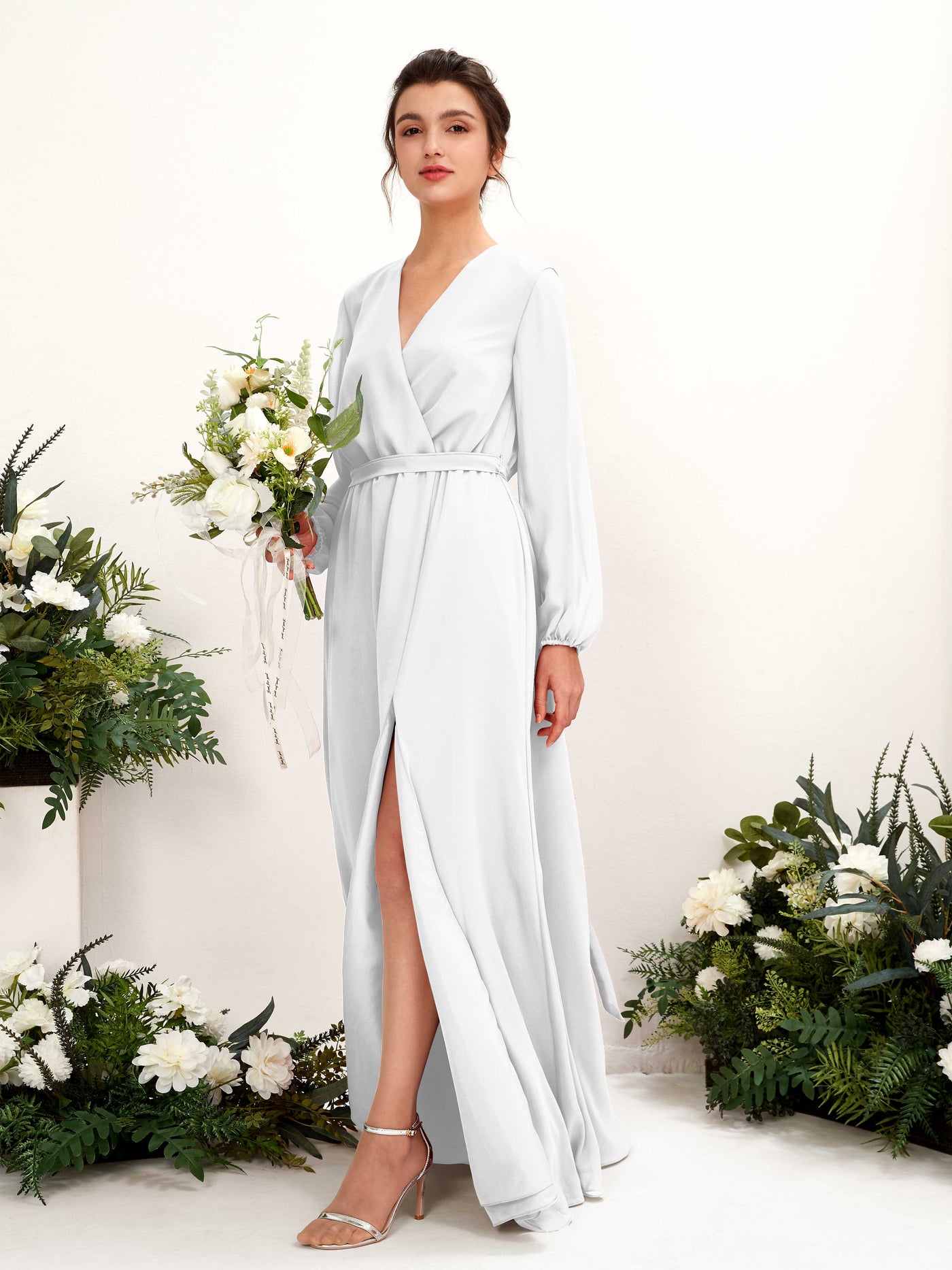V-neck Long Sleeves Chiffon Bridesmaid Dress - White (81223242)#color_white