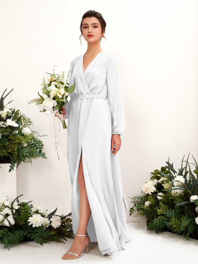 Carlyna Elsie A-Line White Bridesmaid Dress Maxi Long Sleeve V-Neck Front View #color_white