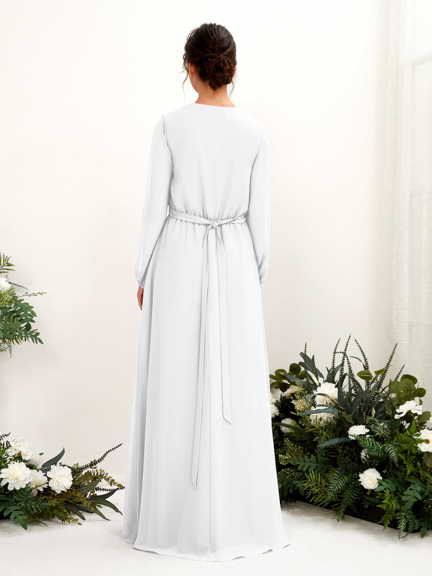 V-neck Long Sleeves Chiffon Bridesmaid Dress - White (81223242)#color_white
