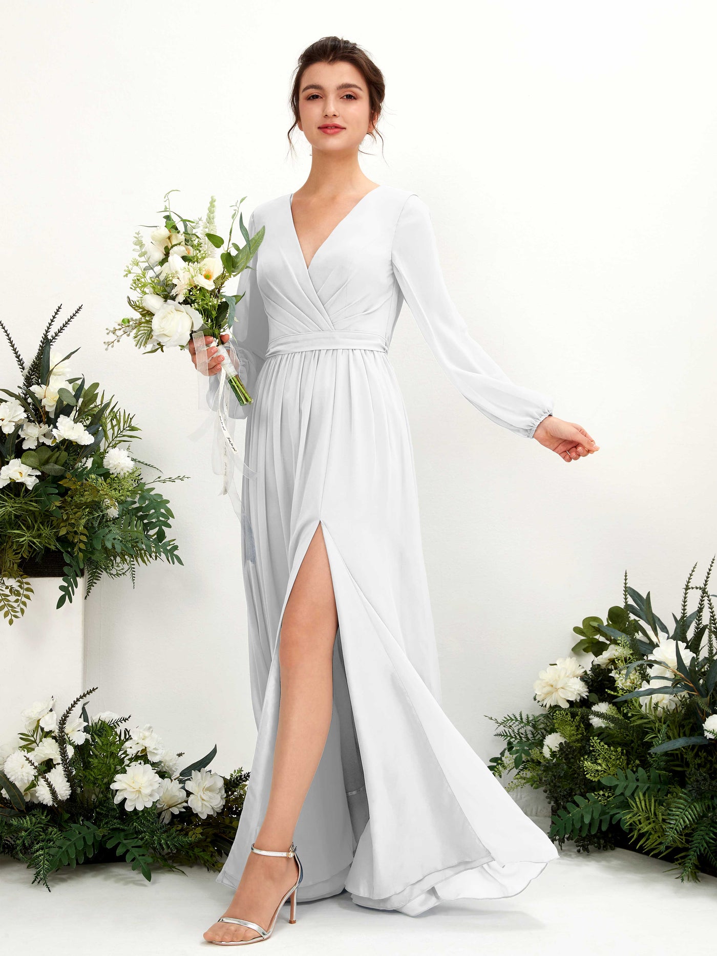 V-neck Long Sleeves Chiffon Bridesmaid Dress - White (81223842)#color_white