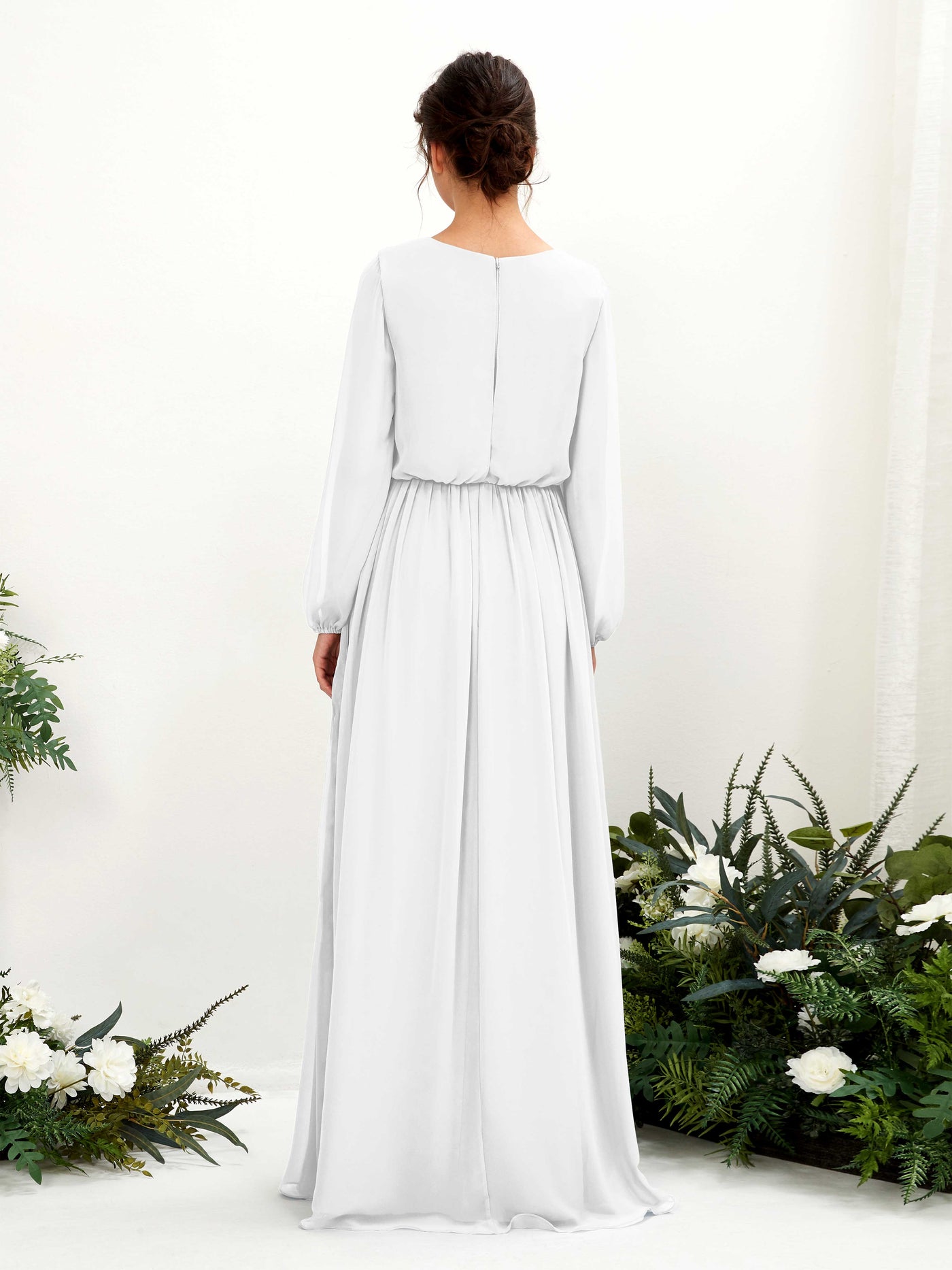 V-neck Long Sleeves Chiffon Bridesmaid Dress - White (81223842)#color_white