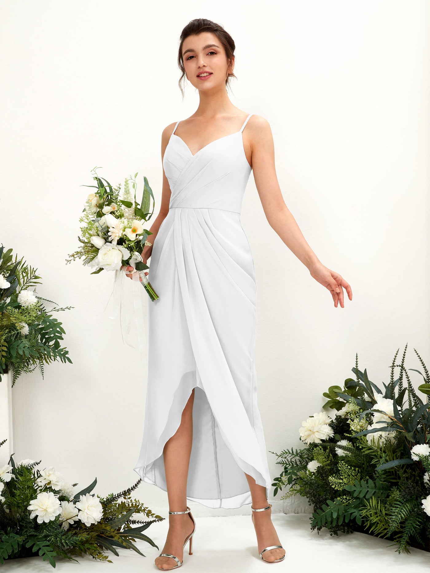 Spaghetti-straps V-neck Sleeveless Chiffon Bridesmaid Dress - White (81221342)#color_white