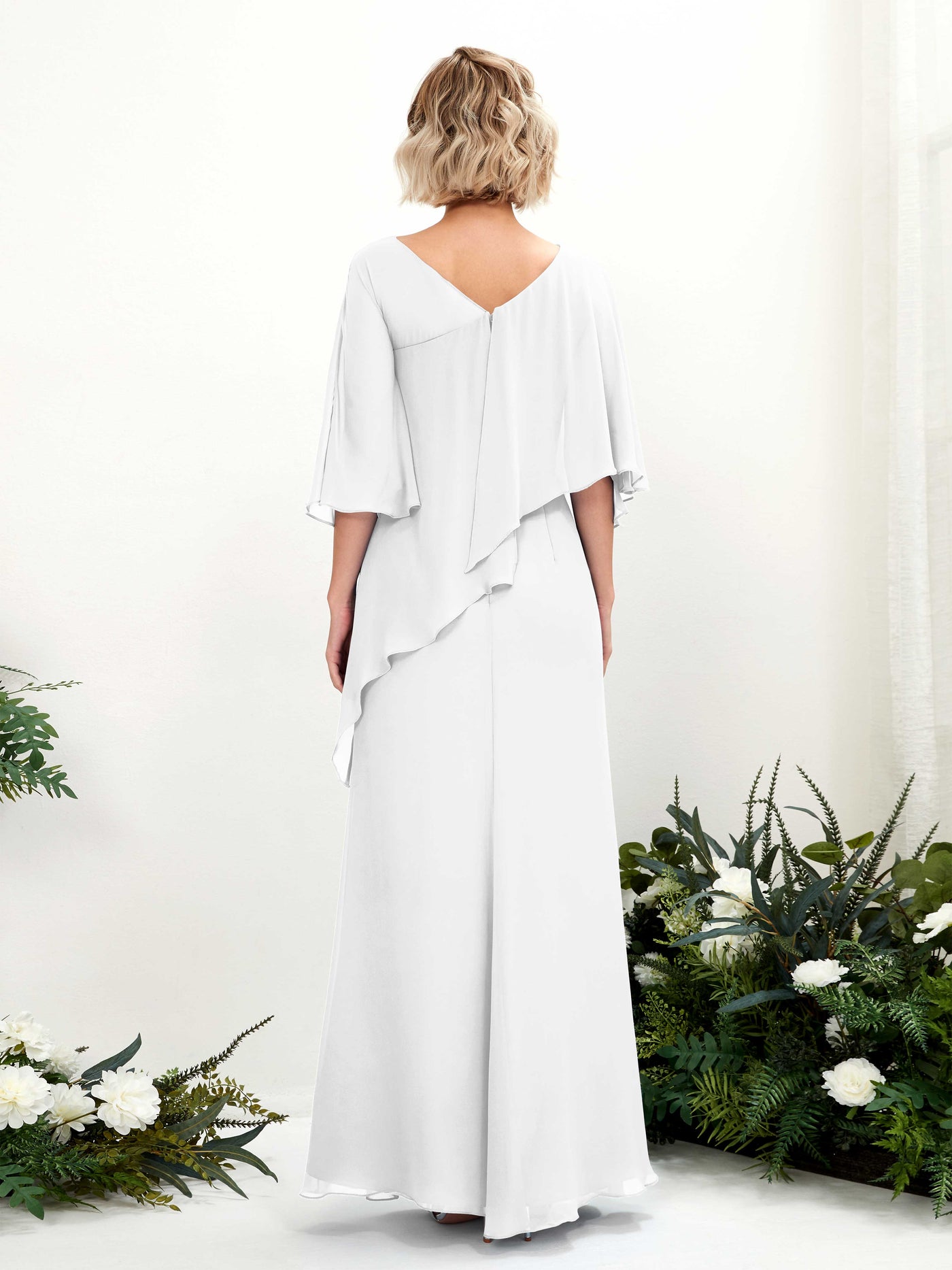 V-neck 3/4 Sleeves Chiffon Bridesmaid Dress - White (81222542)#color_white