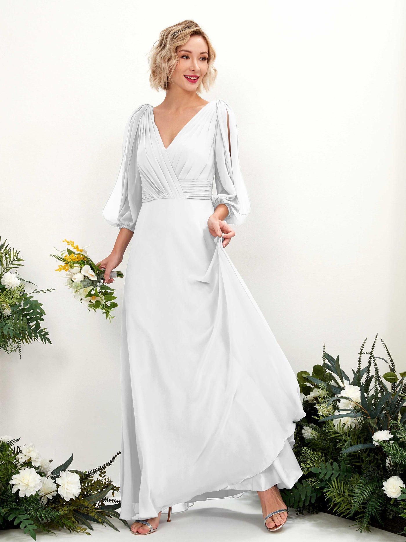 V-neck 3/4 Sleeves Chiffon Bridesmaid Dress - White (81223542)#color_white