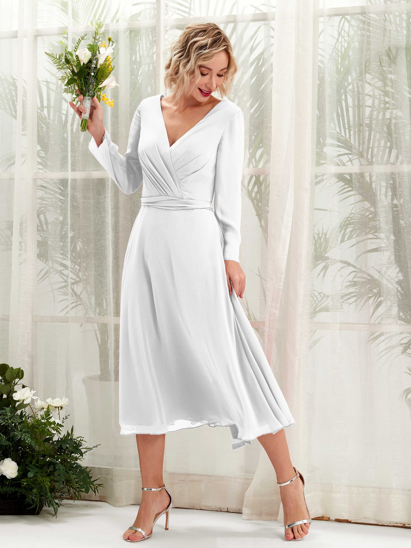 V-neck Long Sleeves Chiffon Bridesmaid Dress - White (81223342)#color_white