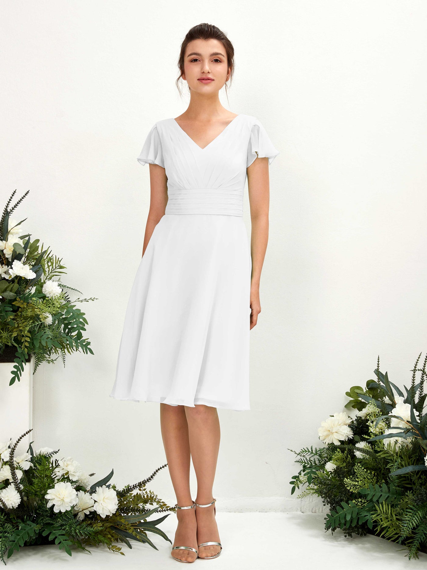 V-neck Short Sleeves Chiffon Bridesmaid Dress - White (81220242)#color_white