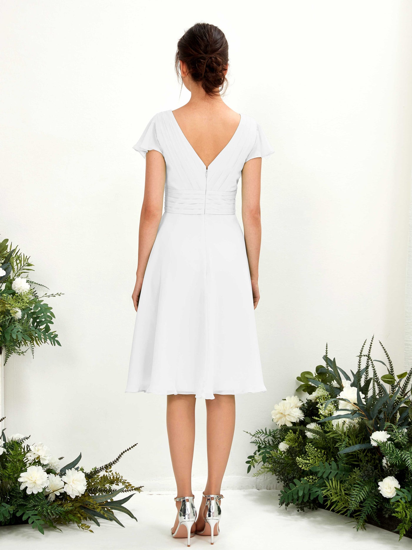 V-neck Short Sleeves Chiffon Bridesmaid Dress - White (81220242)#color_white