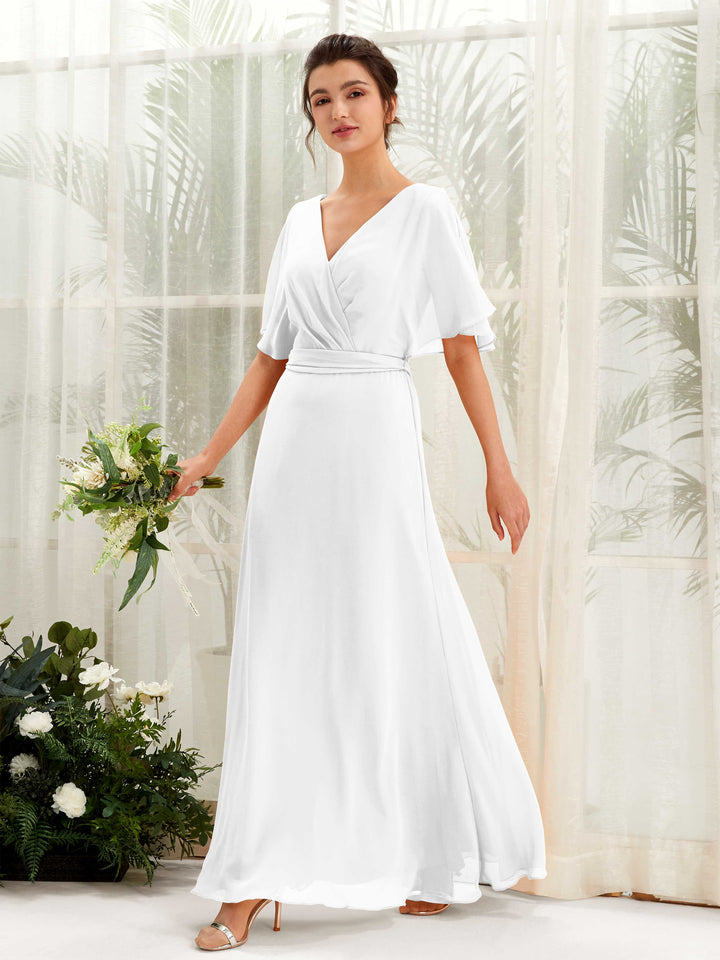 V-neck Short Sleeves Chiffon Bridesmaid Dress - White (81222442)