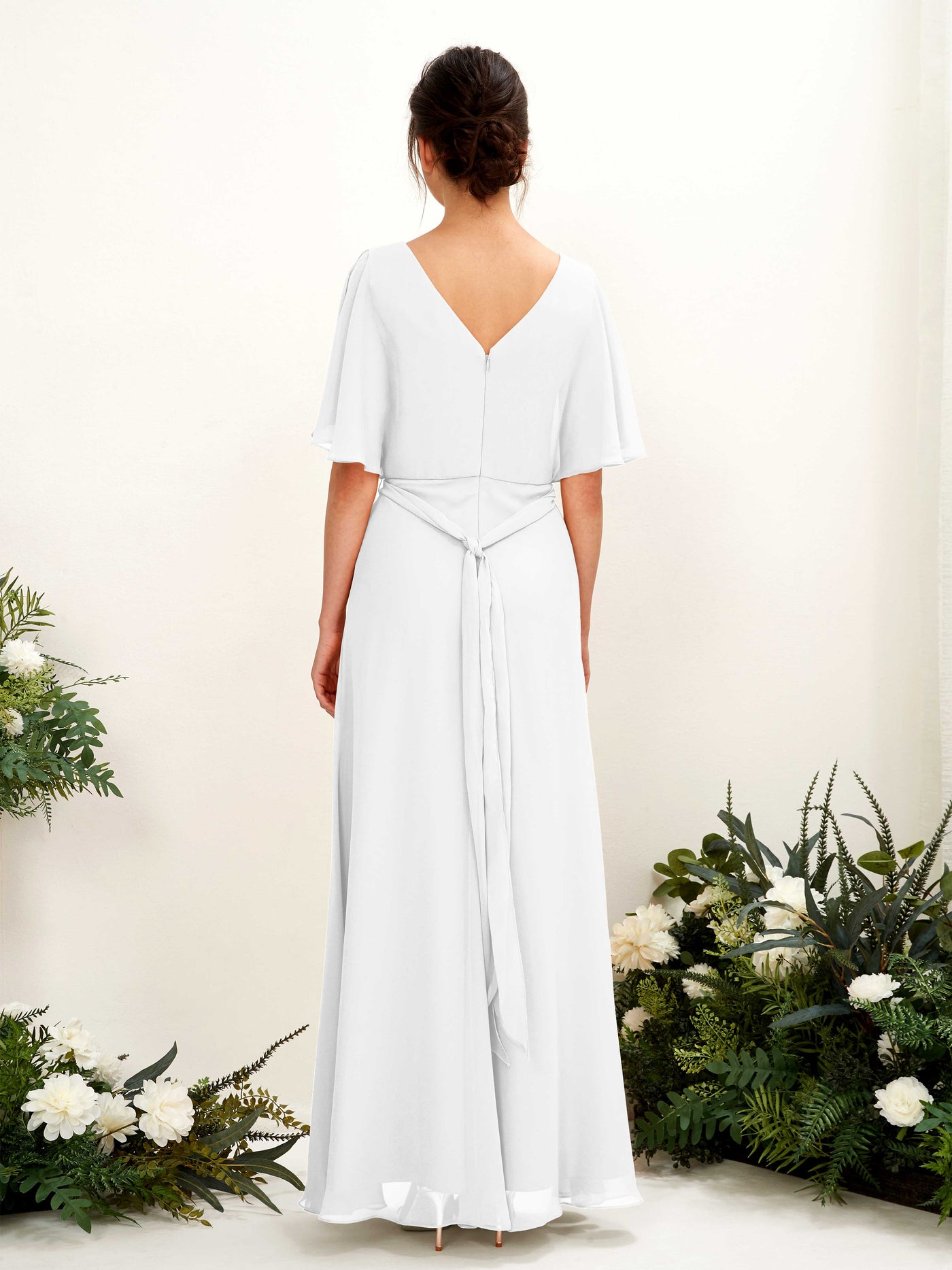 V-neck Short Sleeves Chiffon Bridesmaid Dress - White (81222442)#color_white