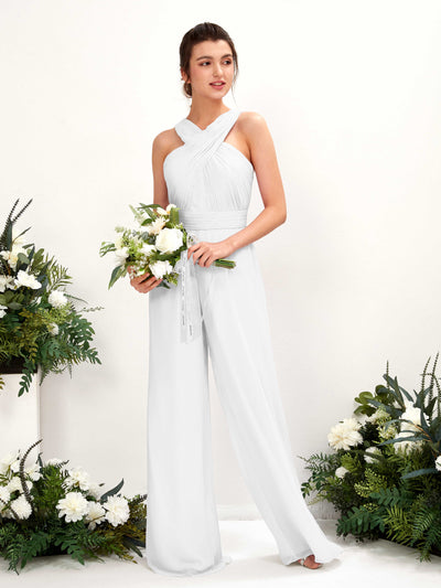 Carlyna Hilona Jumpsuit White Bridesmaid Dress Maxi Sleeveless V-Neck Dress Front View #color_white