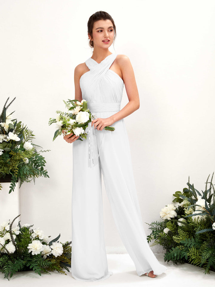 V-neck Sleeveless Chiffon Bridesmaid Dress Wide-Leg Jumpsuit - White (81220742)