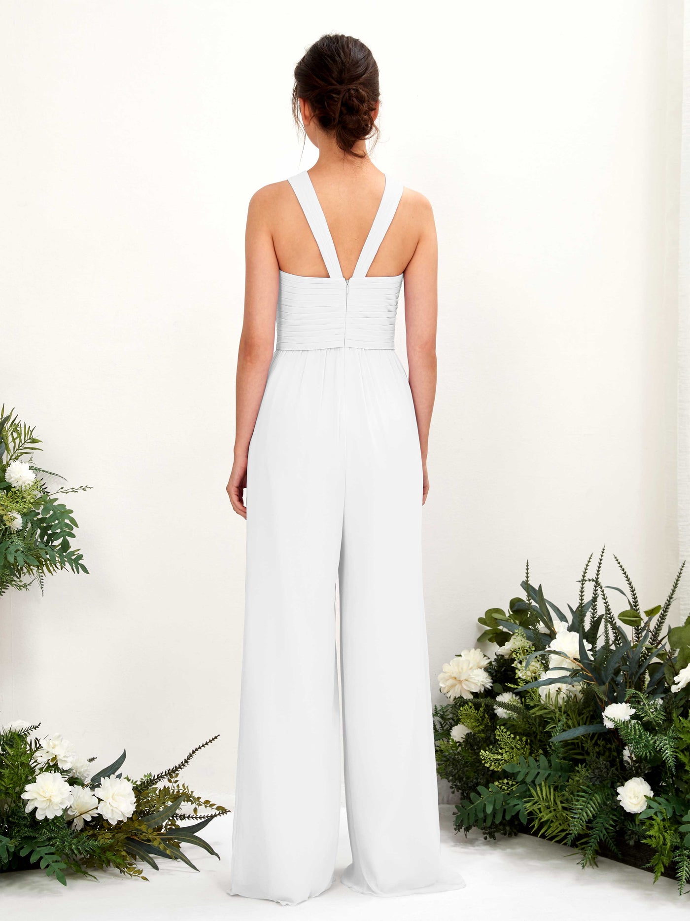 V-neck Sleeveless Chiffon Bridesmaid Dress Wide-Leg Jumpsuit - White (81220742)#color_white