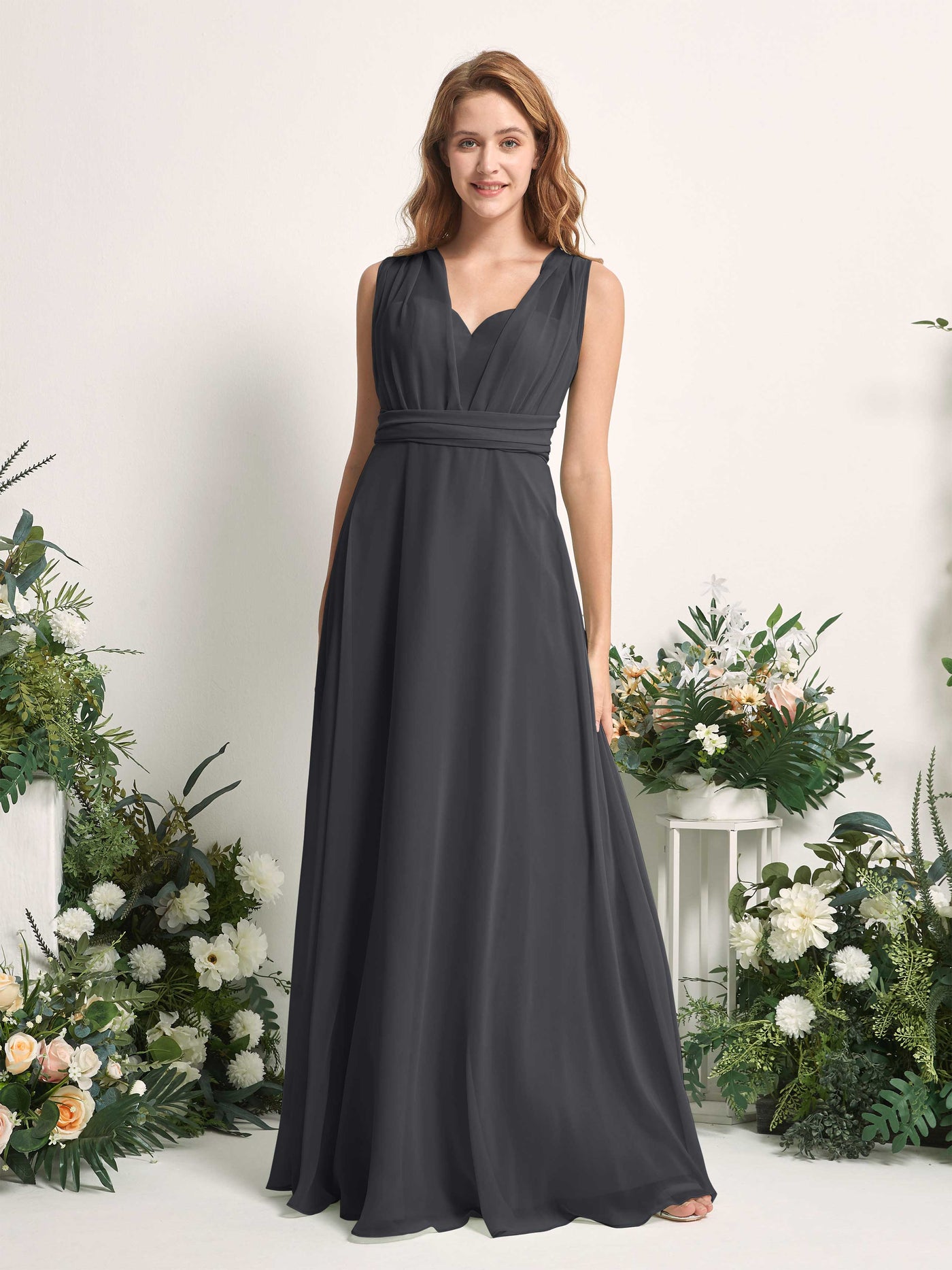 Bridesmaid Dress A-line Chiffon Halter Full Length Short Sleeves Wedding Party Dress - Pewter (81226338)#color_pewter