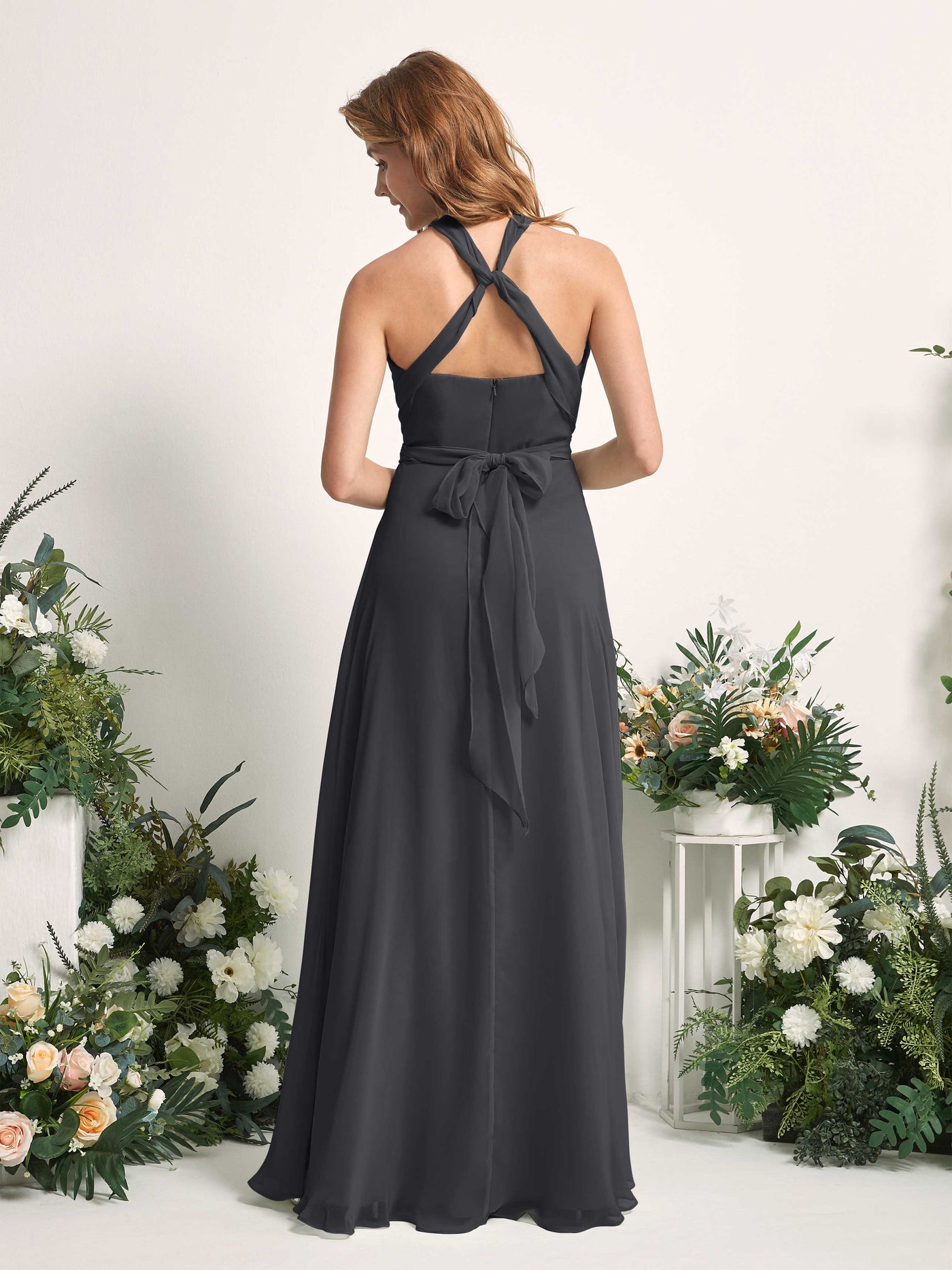Bridesmaid Dress A-line Chiffon Halter Full Length Short Sleeves Wedding Party Dress - Pewter (81226338)#color_pewter