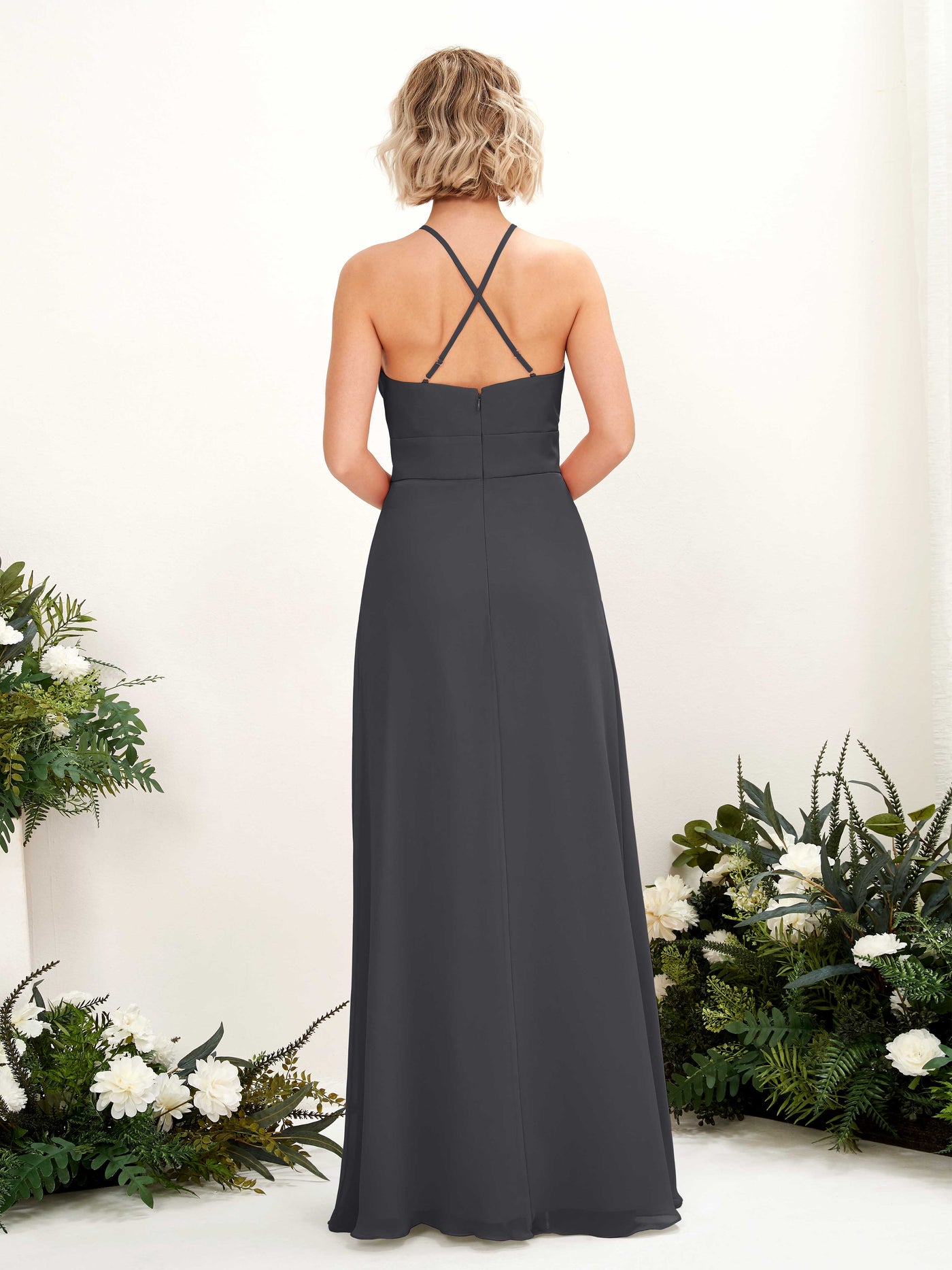 A-line Ball Gown Halter Spaghetti-straps Sleeveless Bridesmaid Dress - Pewter (81225238)#color_pewter