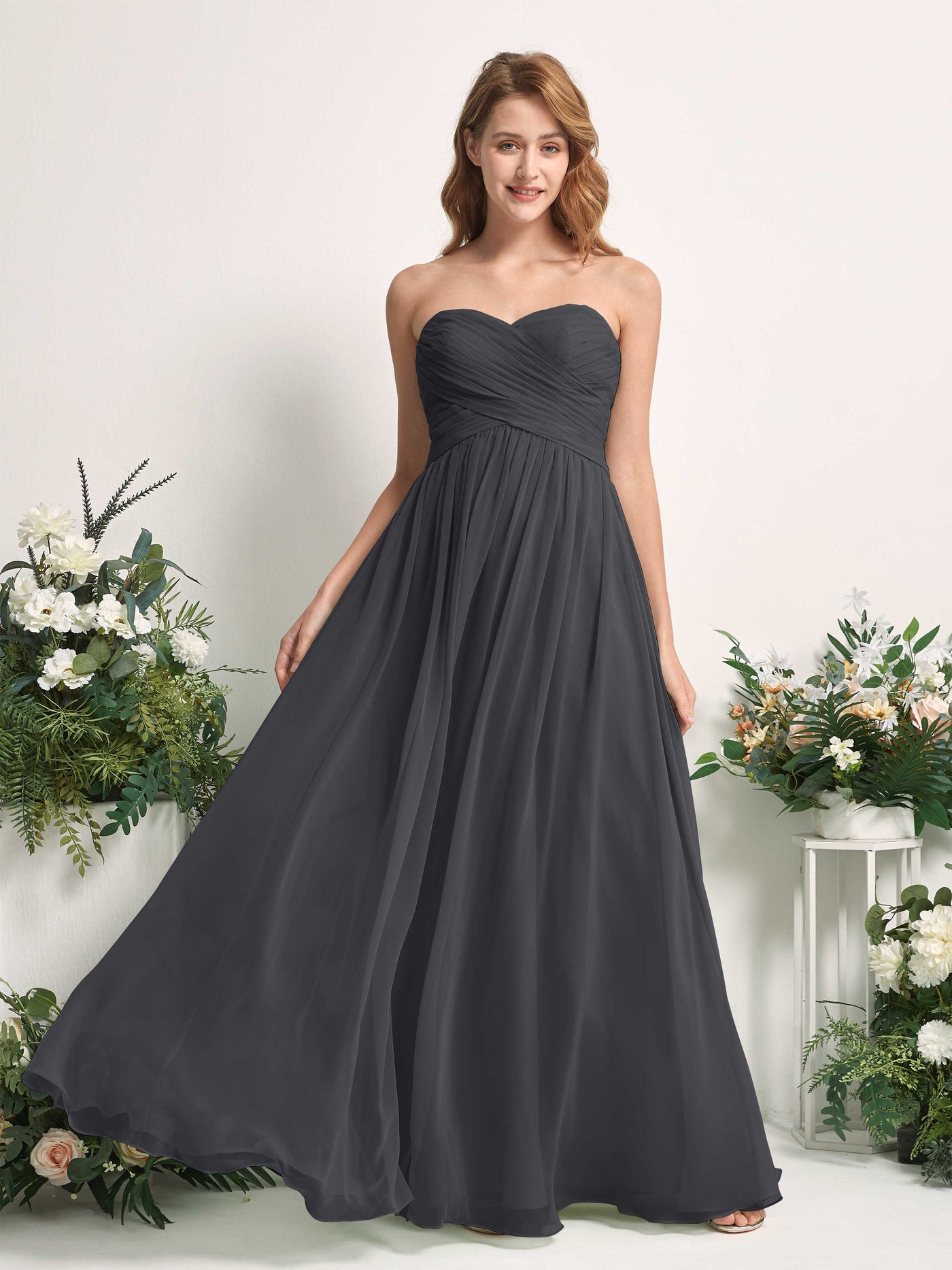 Bridesmaid Dress A-line Chiffon Sweetheart Full Length Sleeveless Wedding Party Dress - Pewter (81226938)#color_pewter