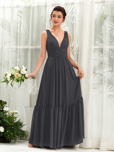 Carlyna Alissa A-Line Pewter Bridesmaid Dress Maxi Sleeveless V-Neck Dress Front View #color_pewter