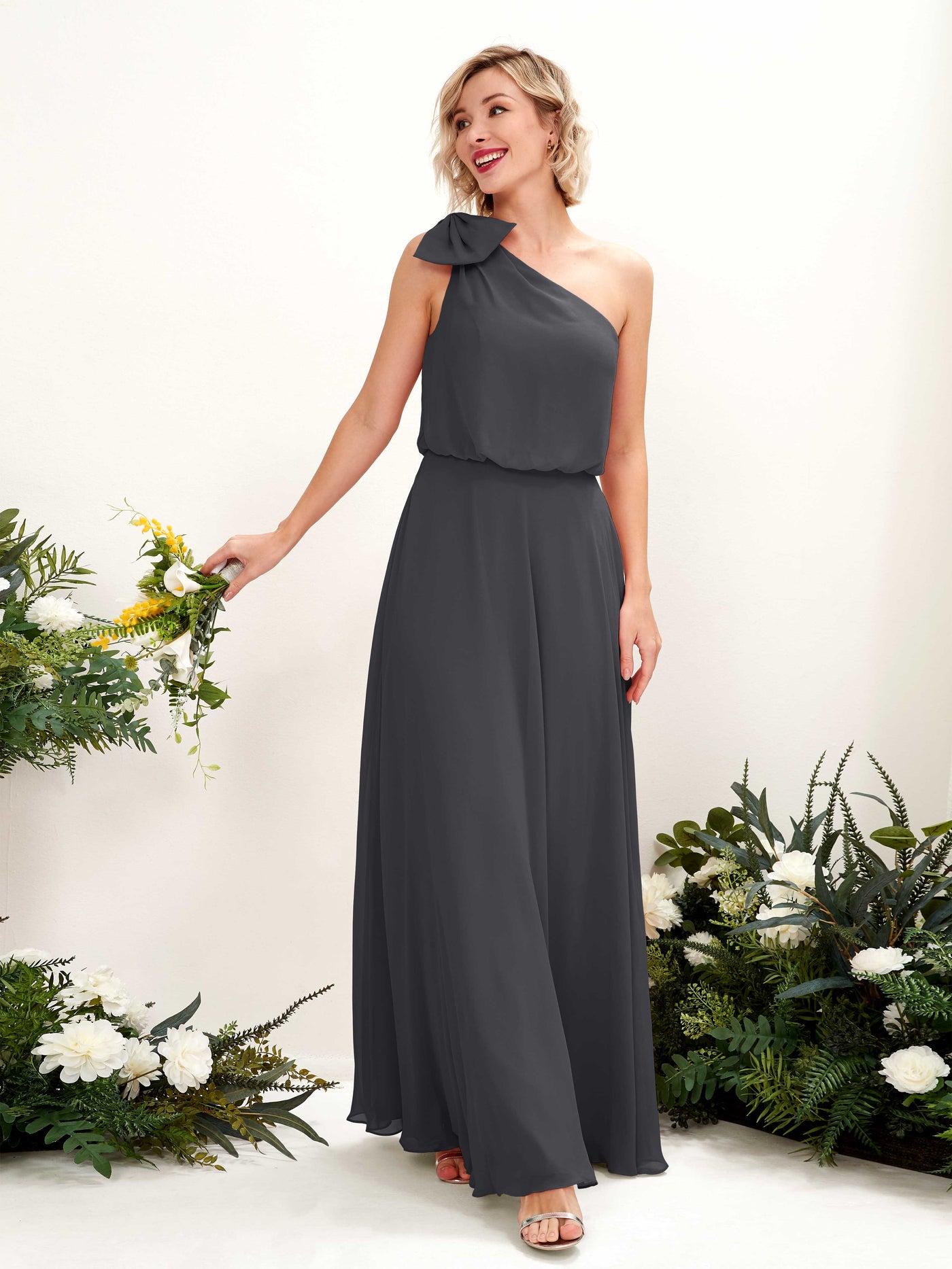 A-line One Shoulder Sleeveless Chiffon Bridesmaid Dress - Pewter (81225538)#color_pewter