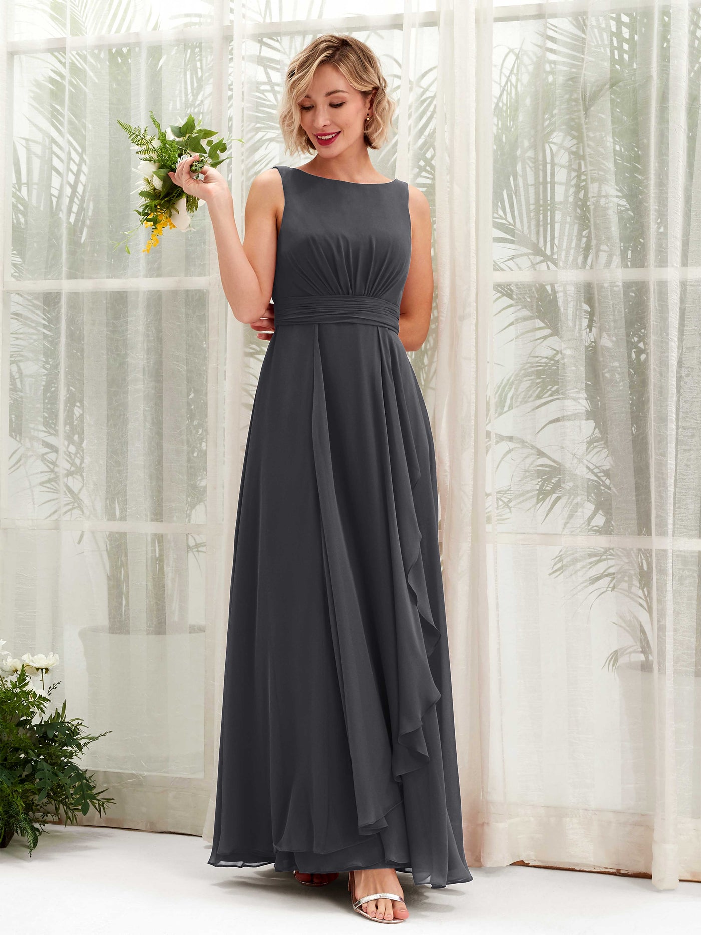 A-line Bateau Sleeveless Chiffon Bridesmaid Dress - Pewter (81225838)#color_pewter