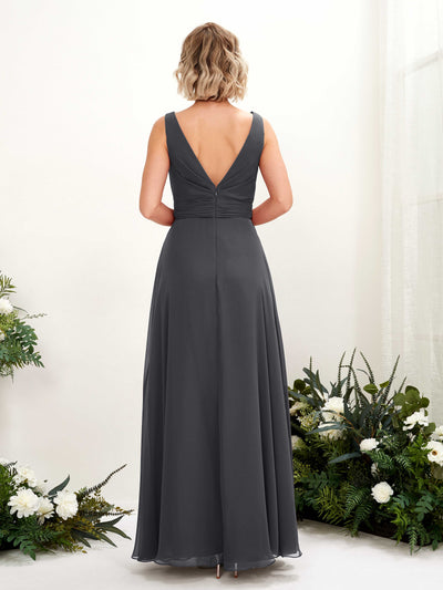 Carlyna Brianna A-Line Pewter Bridesmaid Dress Maxi Sleeveless Boat Neck Dress Back View #color_pewter