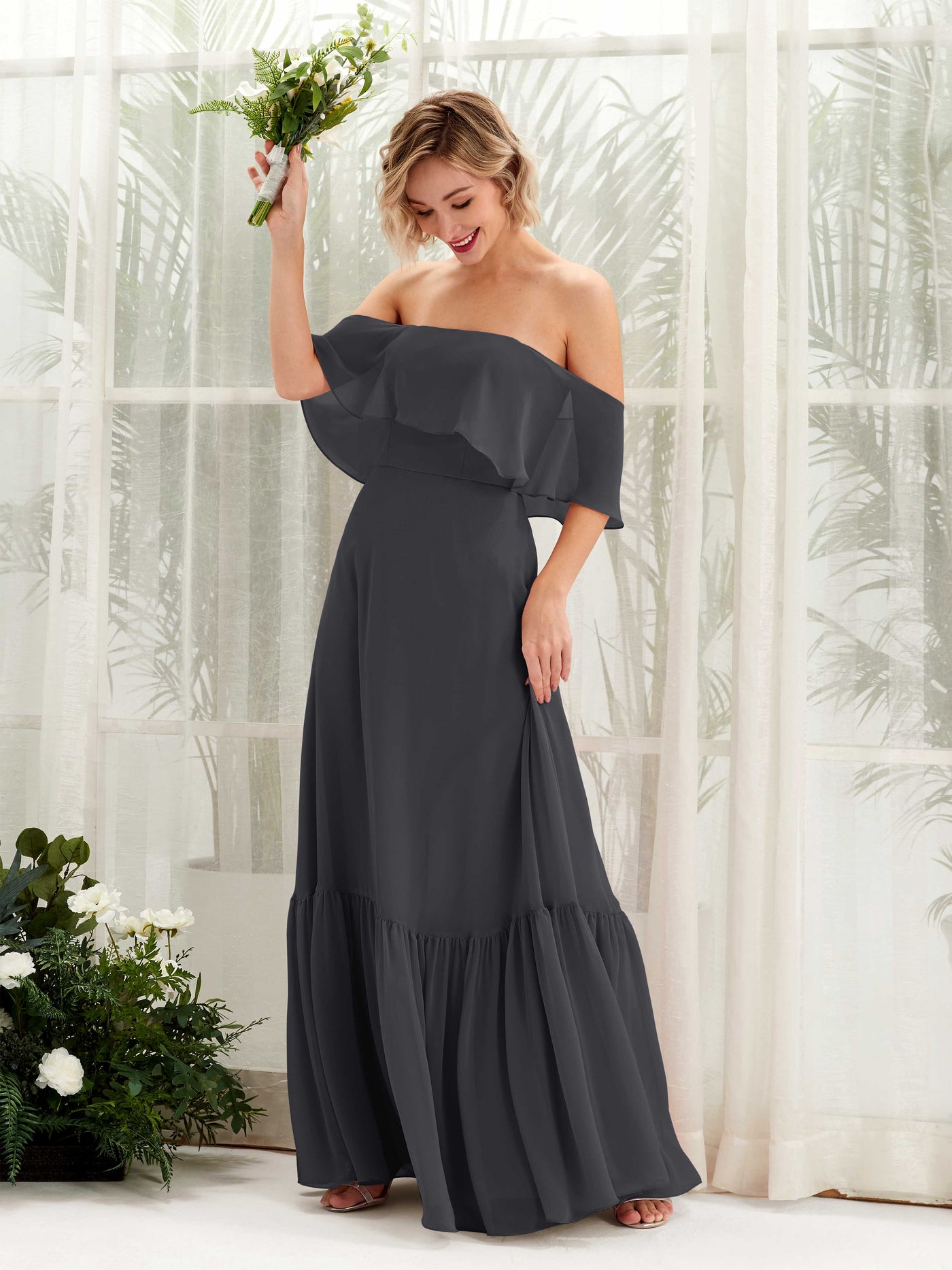 A-line Off Shoulder Chiffon Bridesmaid Dress - Pewter (81224538)#color_pewter