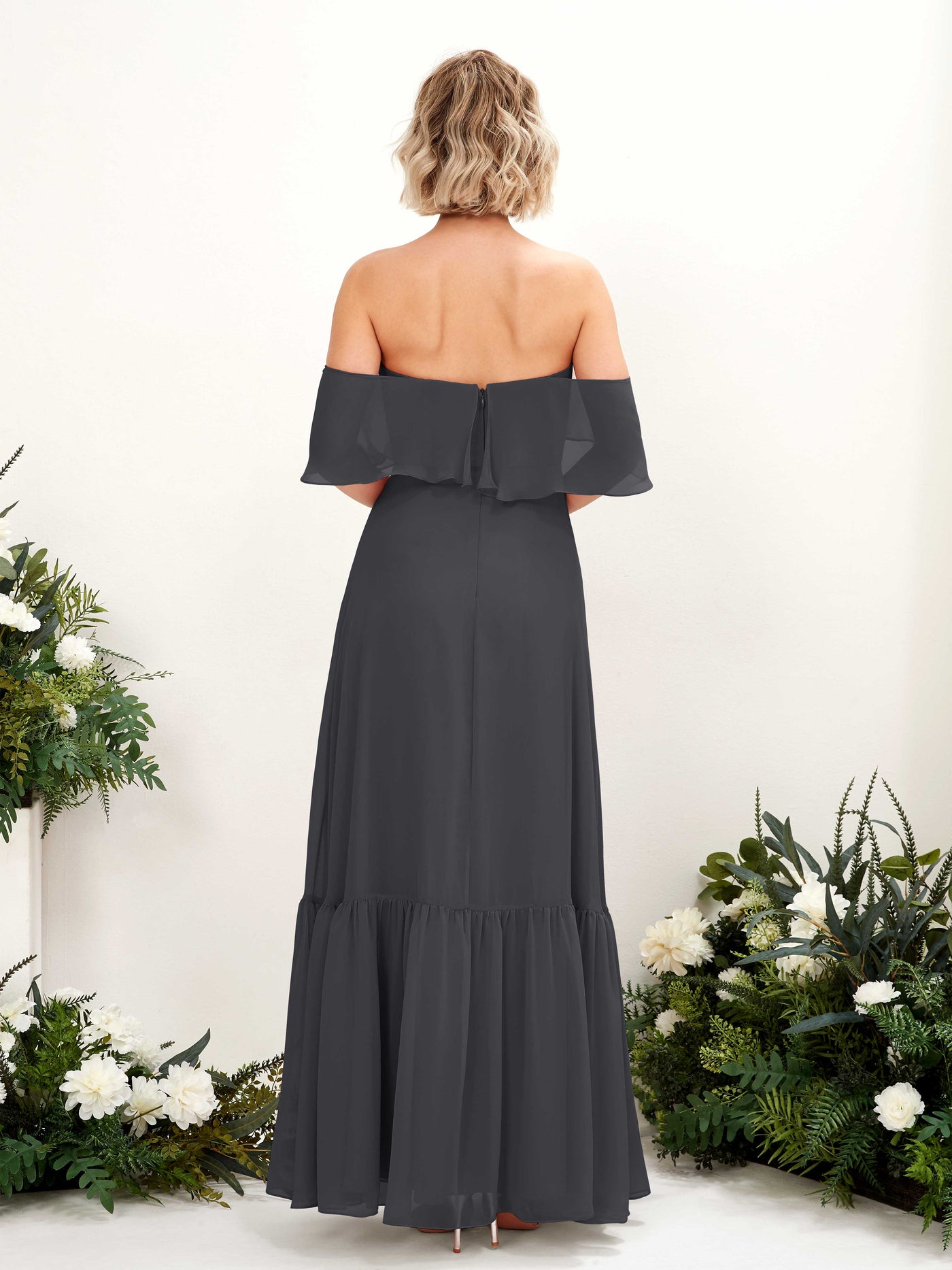 A-line Off Shoulder Chiffon Bridesmaid Dress - Pewter (81224538)#color_pewter