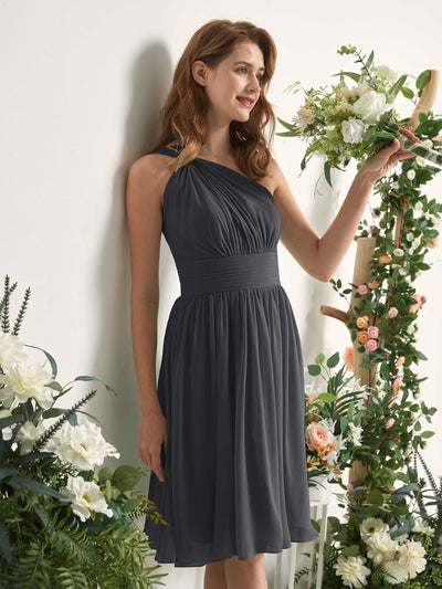 Carlyna Echo A-Line Pewter Bridesmaid Dress Knee-Length Sleeveless One Shoulder Dress Side View 2 #color_pewter