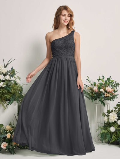 Carlyna Bonita A-Line Pewter Embroidered Bridesmaid Dress Maxi Sleeveless One Shoulder Dress Front View #color_pewter