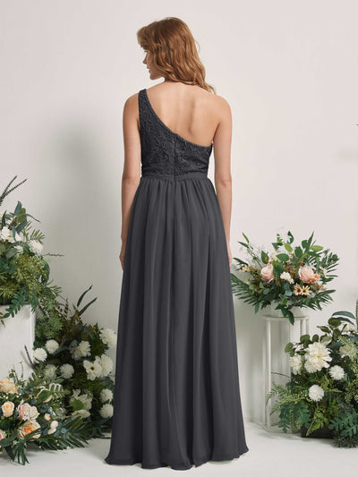 Carlyna Bonita A-Line Pewter Embroidered Bridesmaid Dress Maxi Sleeveless One Shoulder Dress Back View #color_pewter