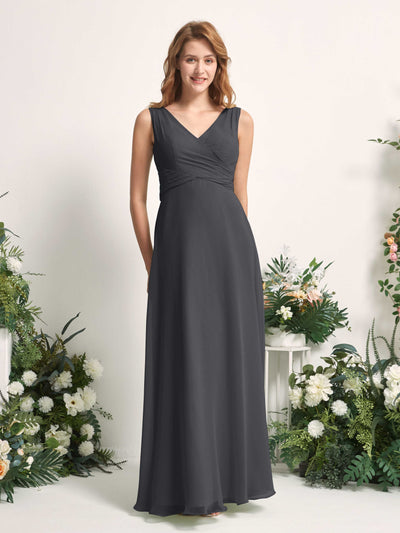Carlyna June A-Line Pewter Bridesmaid Dress Maxi Sleeveless V-Neck Dress #color_pewter