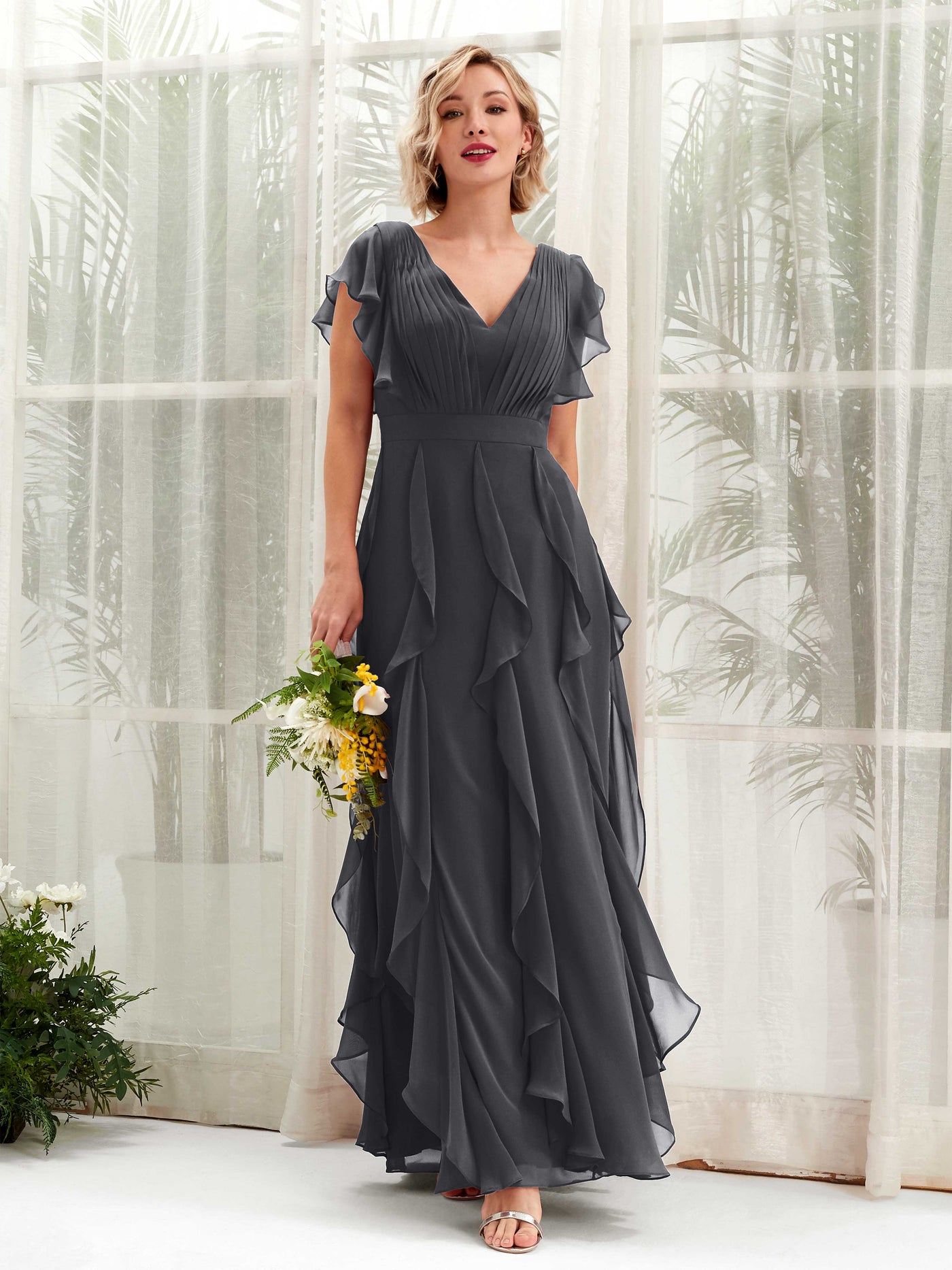 A-line V-neck Short Sleeves Chiffon Bridesmaid Dress - Pewter (81226038)#color_pewter